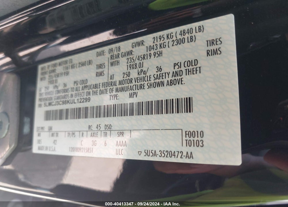2019 LINCOLN MKC RESERVE VIN: 5LMCJ3C98KUL12299