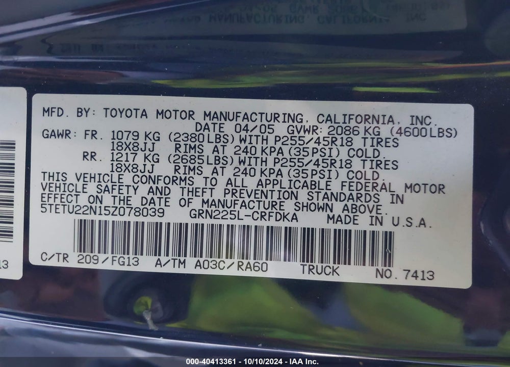 2005 TOYOTA TACOMA V6 VIN: 5TETU22N15Z078039