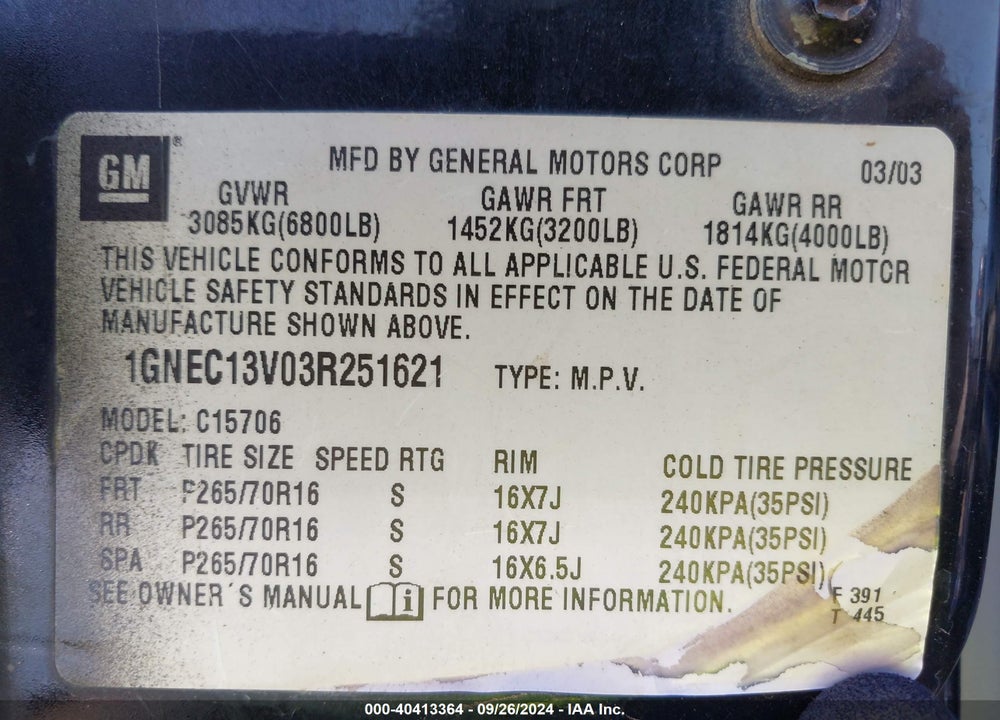 2003 CHEVROLET TAHOE LS VIN: 1GNEC13V03R251621