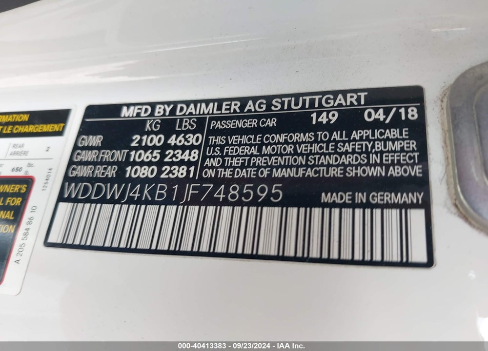 2018 MERCEDES-BENZ C CLASS VIN: WDDWJ4KB1JF748595