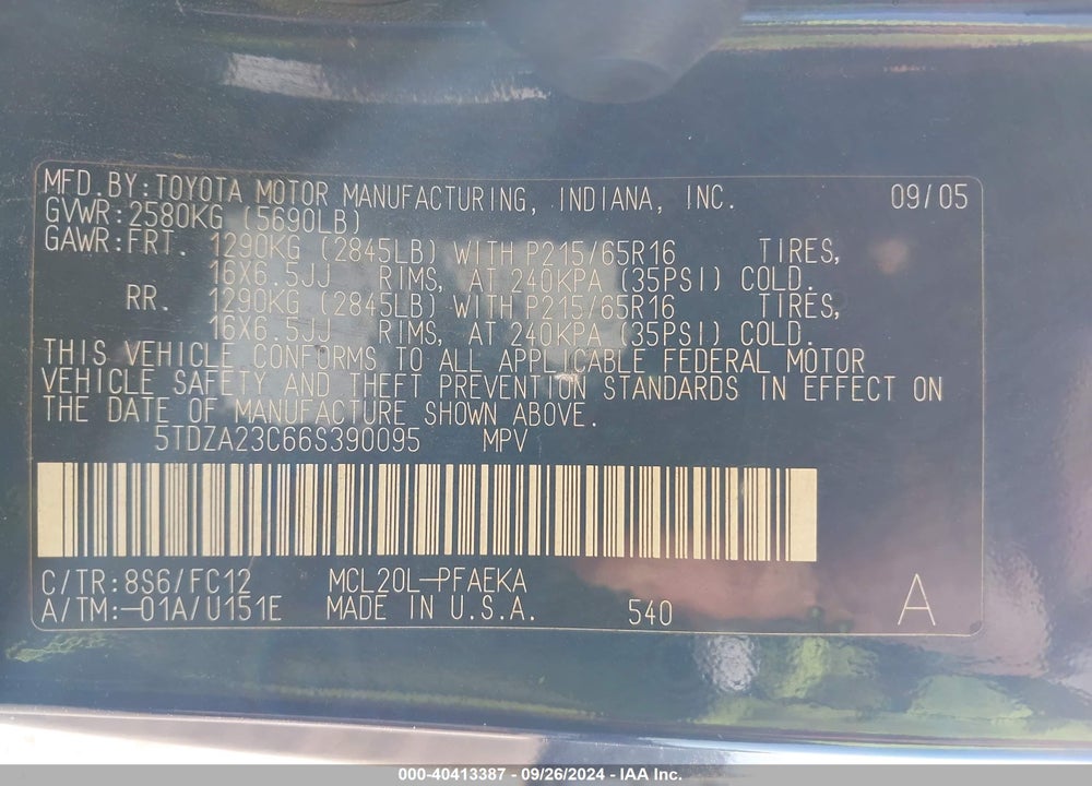 2006 TOYOTA SIENNA LE VIN: 5TDZA23C66S390095
