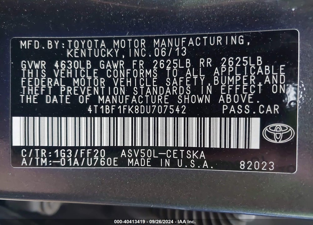 2013 TOYOTA CAMRY SE VIN: 4T1BF1FK8DU707542