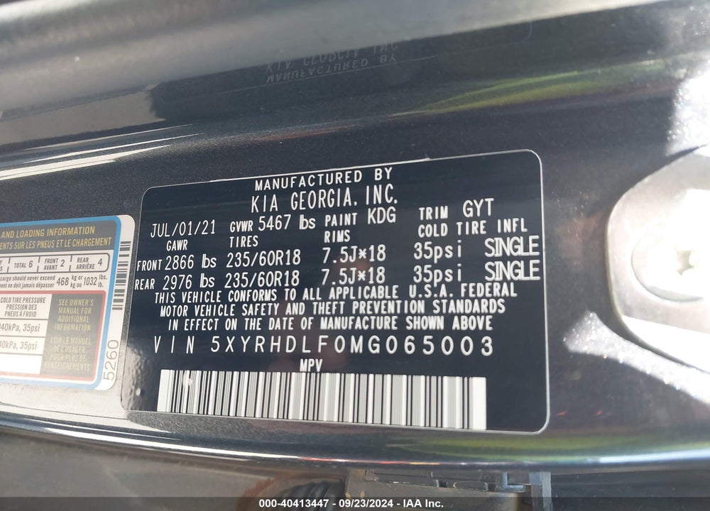 2021 KIA SORENTO EX VIN: 5XYRHDLF0MG065003