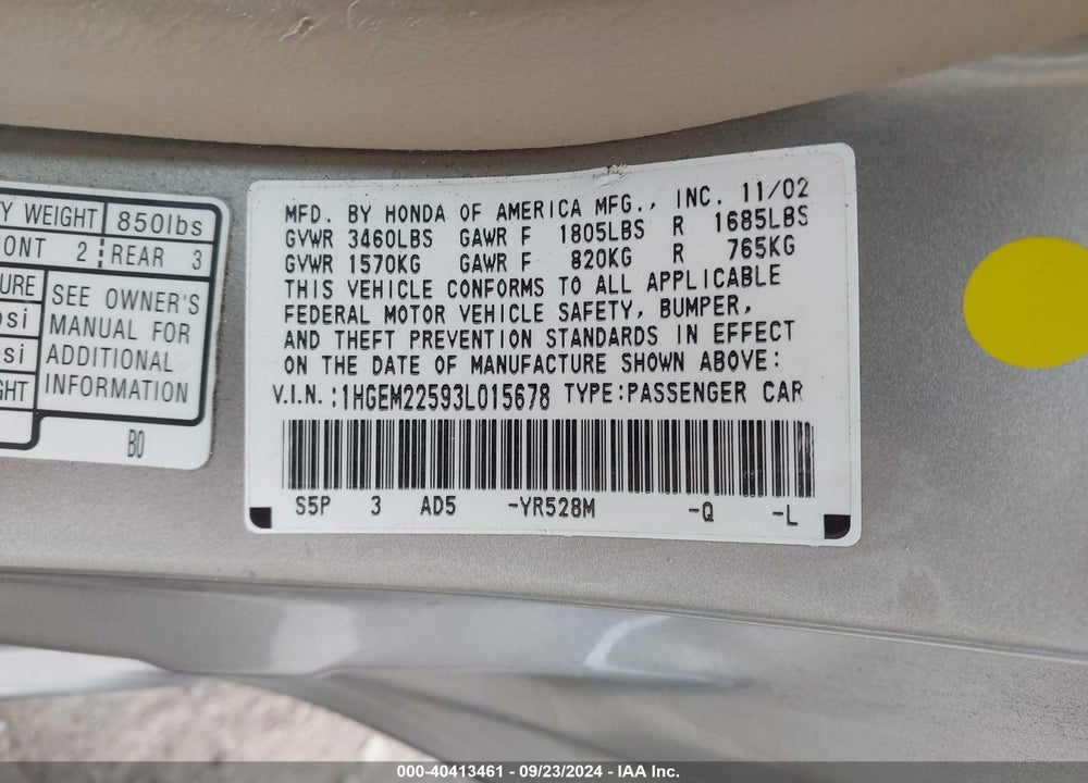 2003 HONDA CIVIC LX VIN: 1HGEM22593L015678