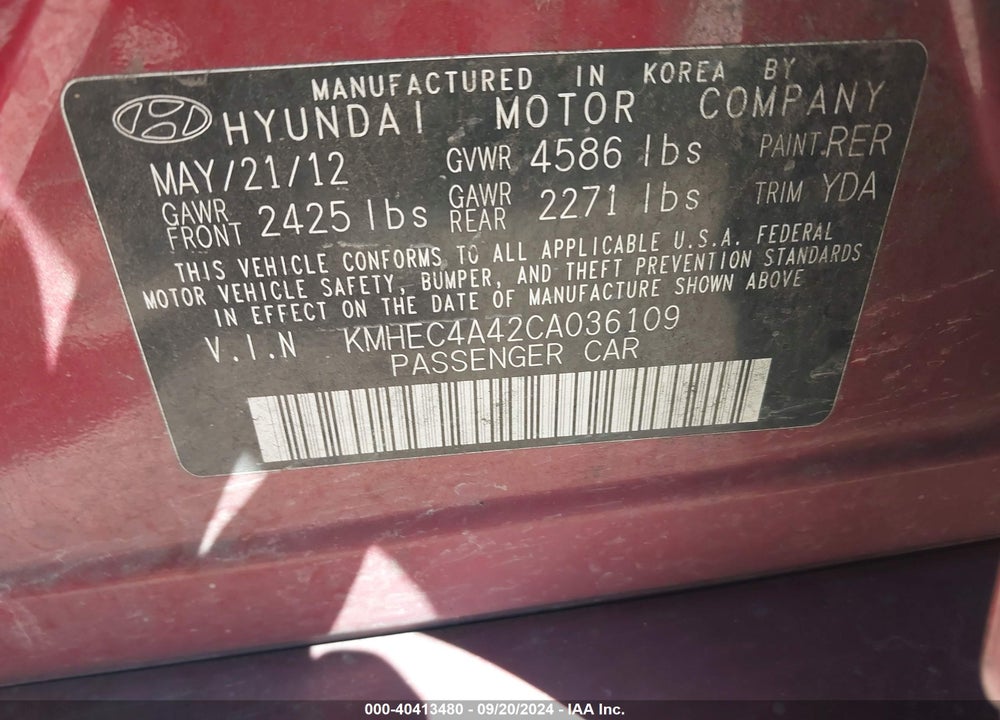 2012 HYUNDAI SONATA HYBRID VIN: KMHEC4A42CA036109