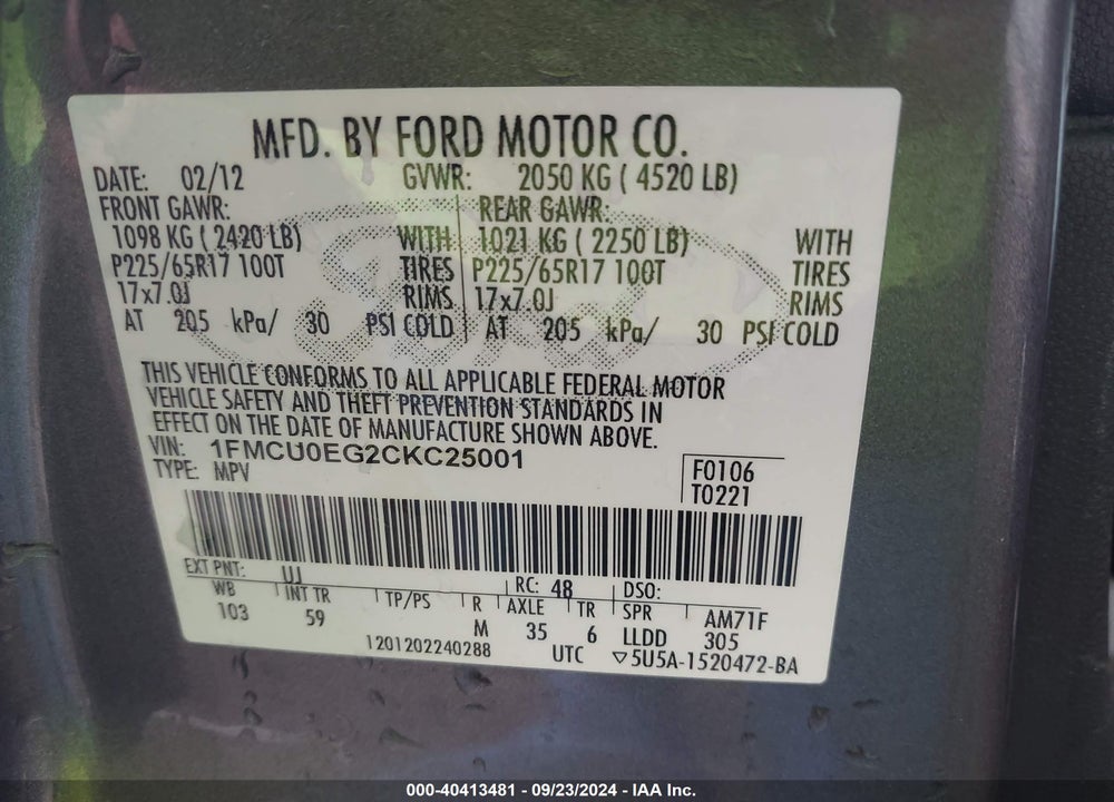 2012 FORD ESCAPE LIMITED VIN: 1FMCU0EG2CKC25001