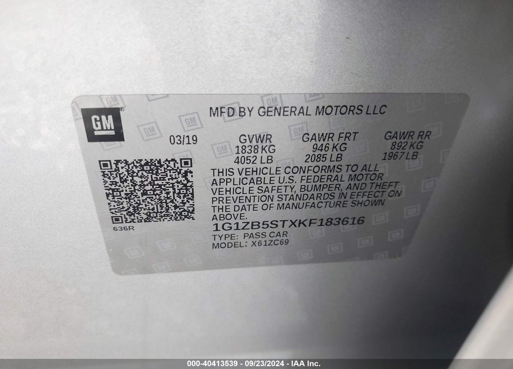 2019 CHEVROLET MALIBU 1LS VIN: 1G1ZB5STXKF183616