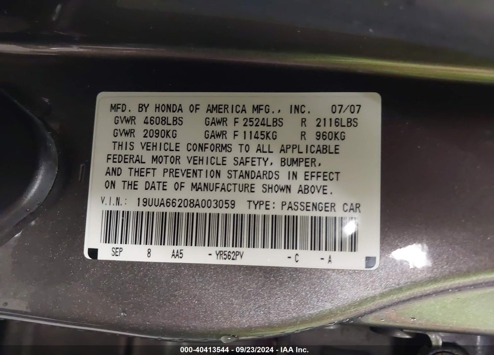 2008 ACURA TL VIN: 19UUA66208A003059
