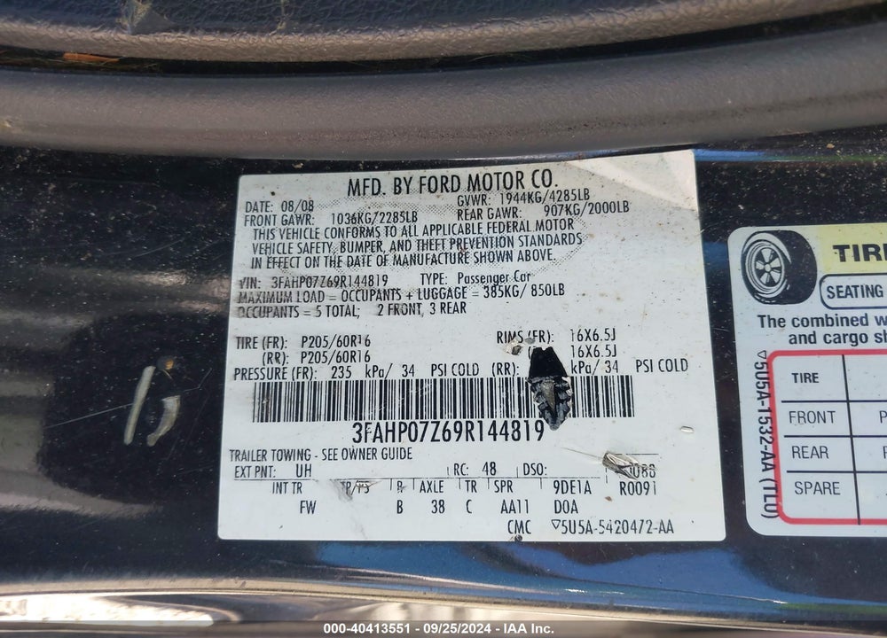 2009 FORD FUSION SE VIN: 3FAHP07Z69R144819