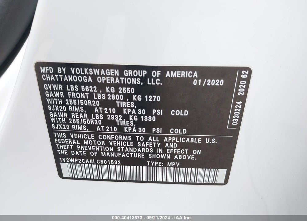 2020 VOLKSWAGEN ATLAS 2.0T SE W/TECHNOLOGY VIN: 1V2WP2CA6LC501532