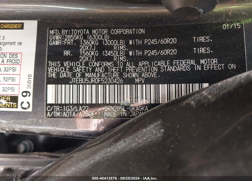 2015 TOYOTA 4RUNNER LIMITED VIN: JTEBU5JR0F5230426