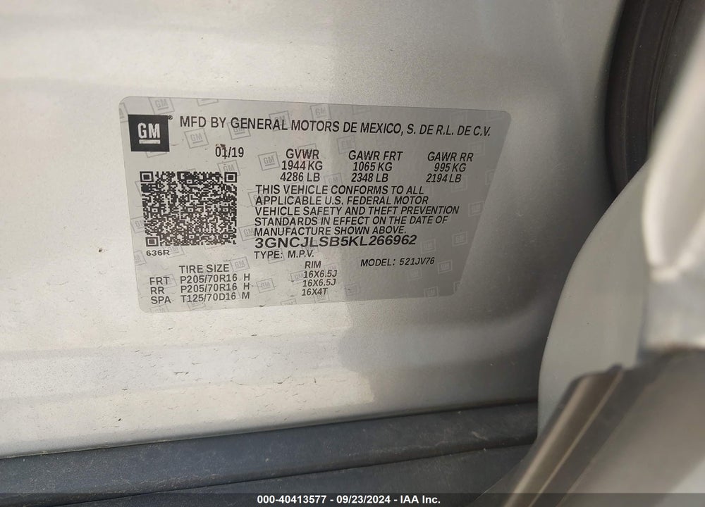 2019 CHEVROLET TRAX LT VIN: 3GNCJLSB5KL266962