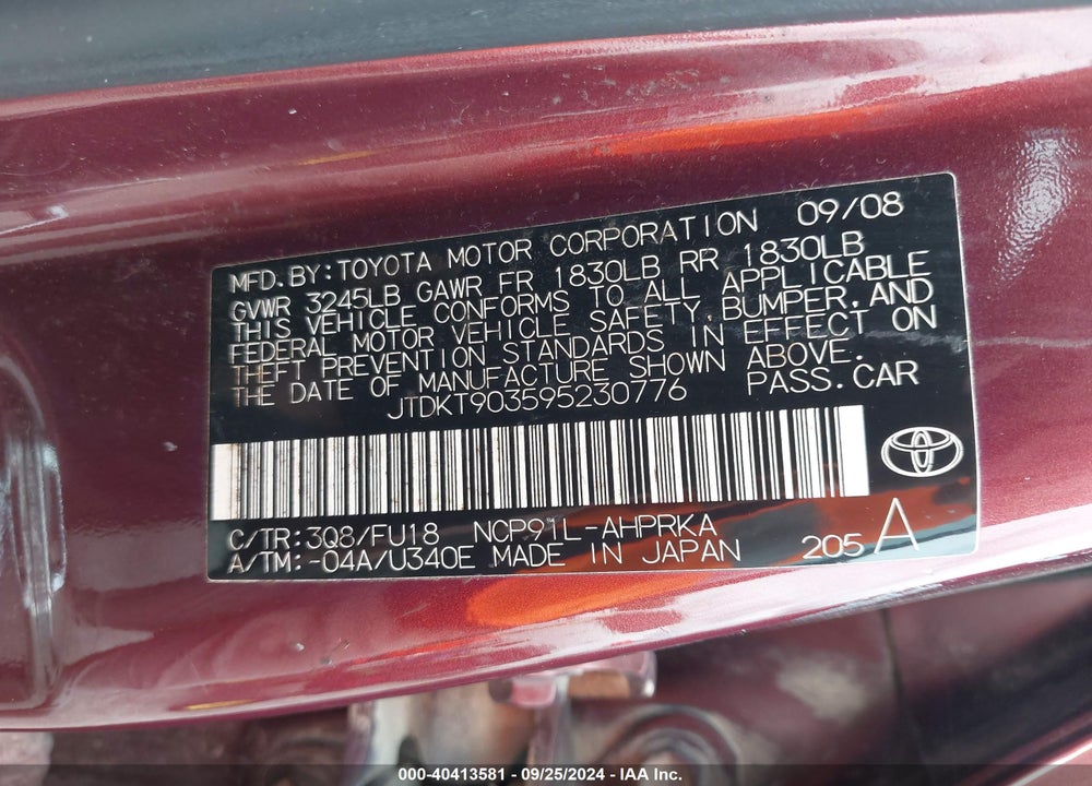 2009 TOYOTA YARIS VIN: JTDKT903595230776