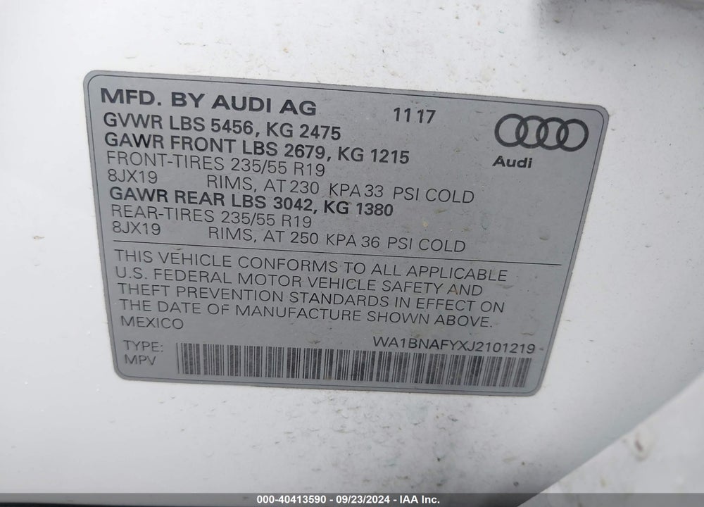 2018 AUDI Q5 2.0T PREMIUM/2.0T TECH PREMIUM VIN: WA1BNAFYXJ2101219