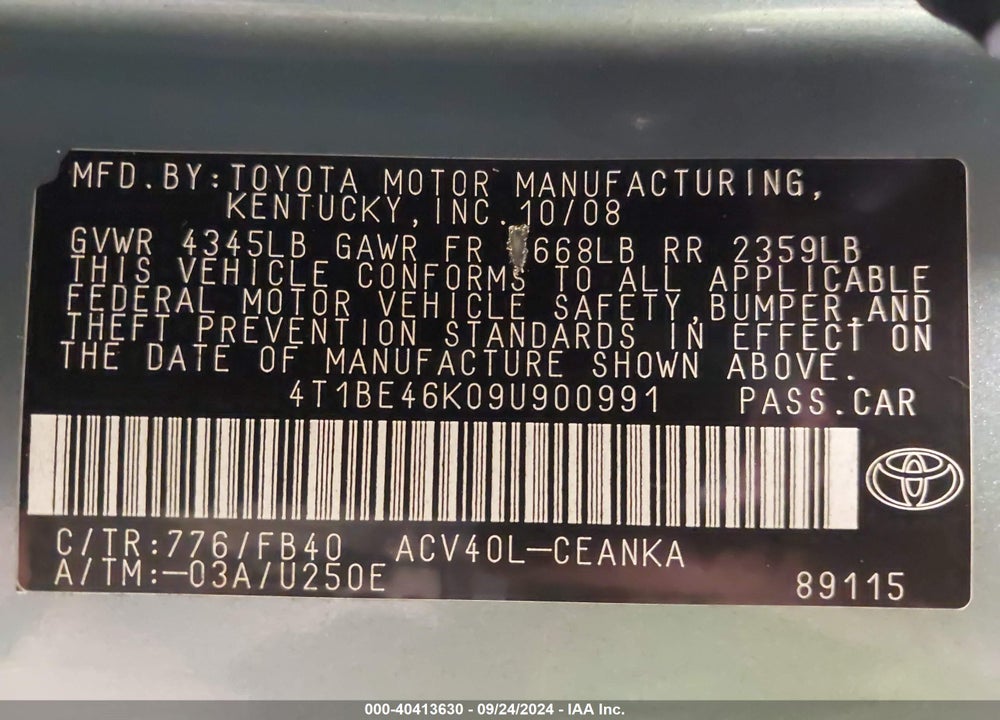 2009 TOYOTA CAMRY LE VIN: 4T1BE46K09U900991