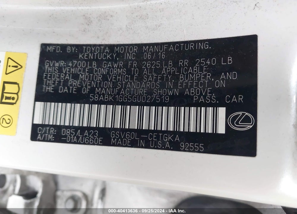2016 LEXUS ES 350 VIN: 58ABK1GG5GU027519