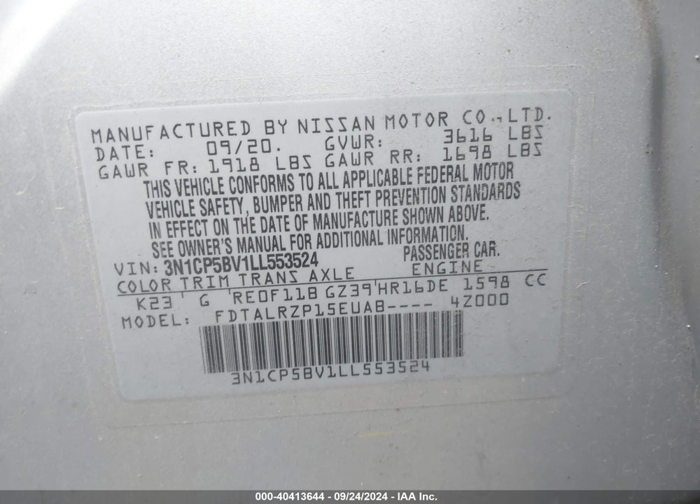 2020 NISSAN KICKS S XTRONIC CVT VIN: 3N1CP5BV1LL553524