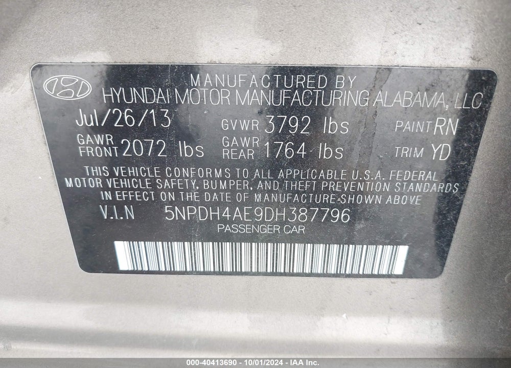 2013 HYUNDAI ELANTRA GLS VIN: 5NPDH4AE9DH387796