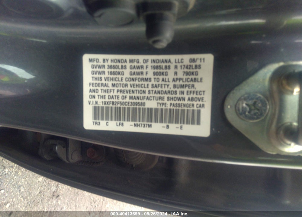 2012 HONDA CIVIC LX VIN: 19XFB2F50CE309580