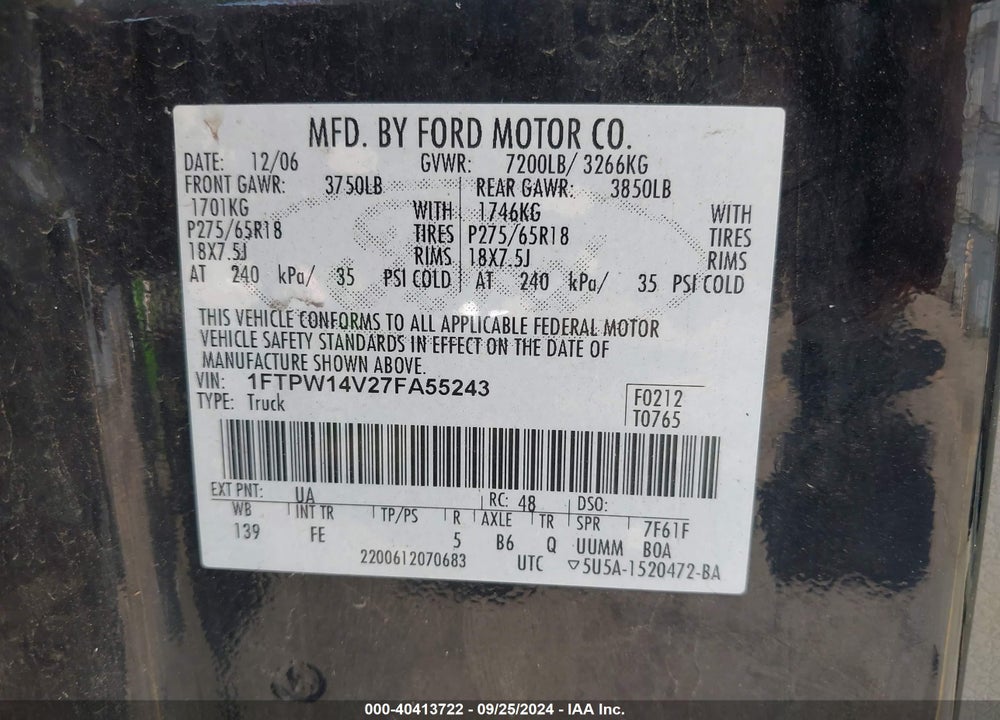 2007 FORD F-150 FX4/LARIAT/XLT VIN: 1FTPW14V27FA55243