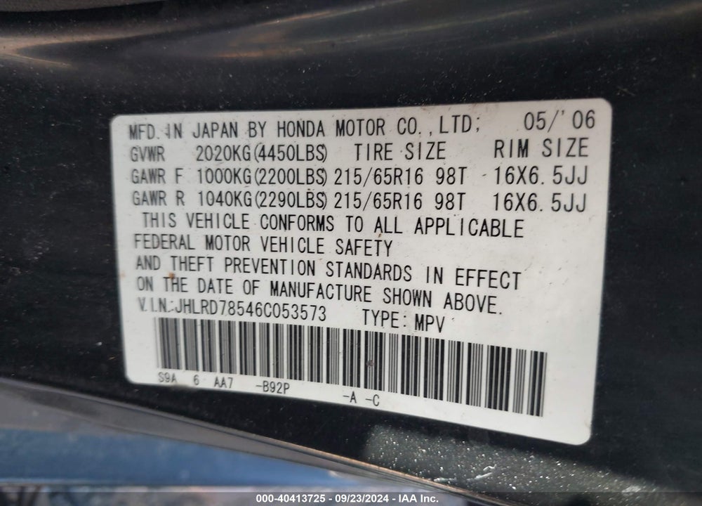 2006 HONDA CR-V LX VIN: JHLRD78546C053573