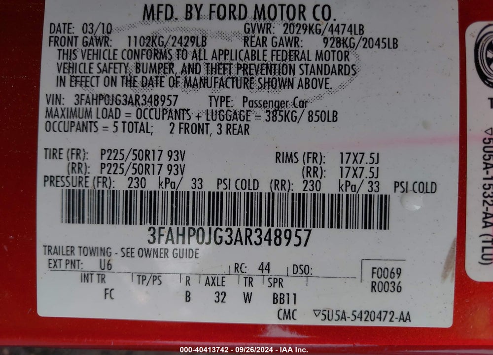 2010 FORD FUSION SEL VIN: 3FAHP0JG3AR348957