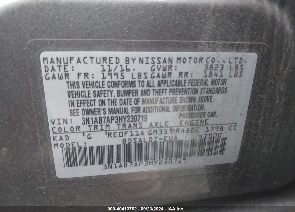 2017 NISSAN SENTRA SV VIN: 3N1AB7AP3HY230719