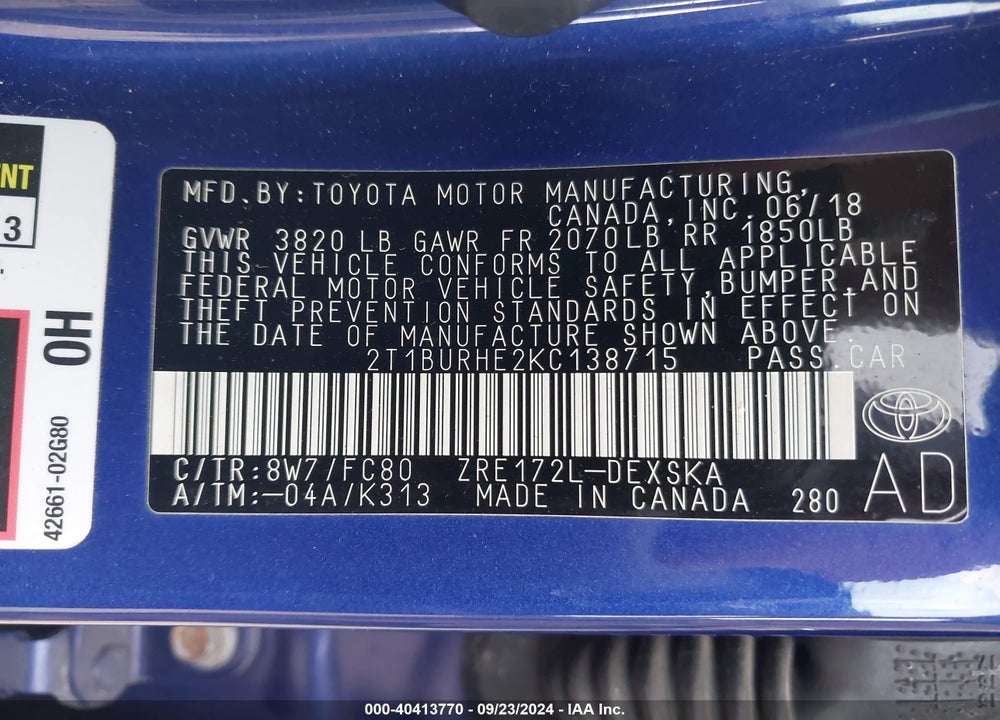 2019 TOYOTA COROLLA SE VIN: 2T1BURHE2KC138715