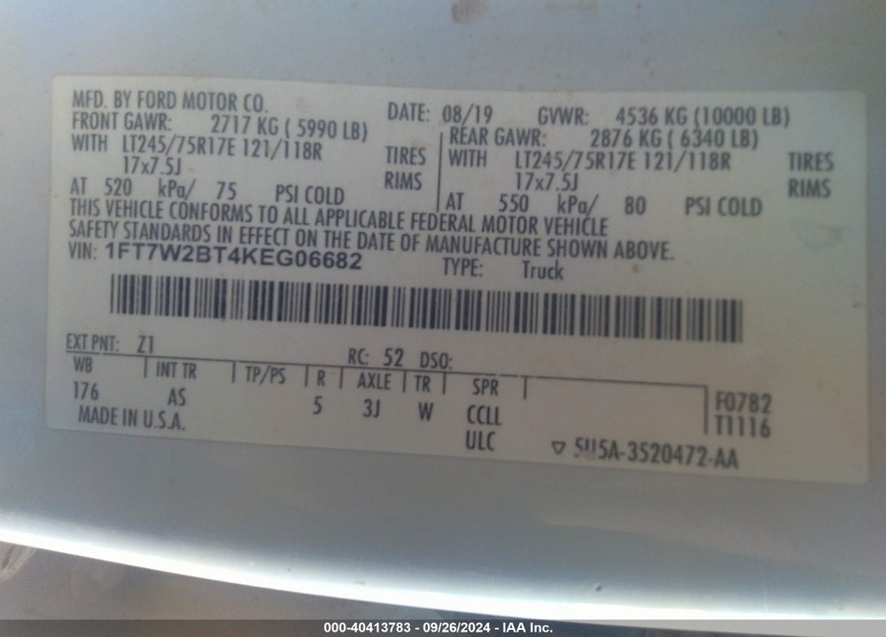 2019 FORD F-250 VIN: 1FT7W2BT4KEG06682