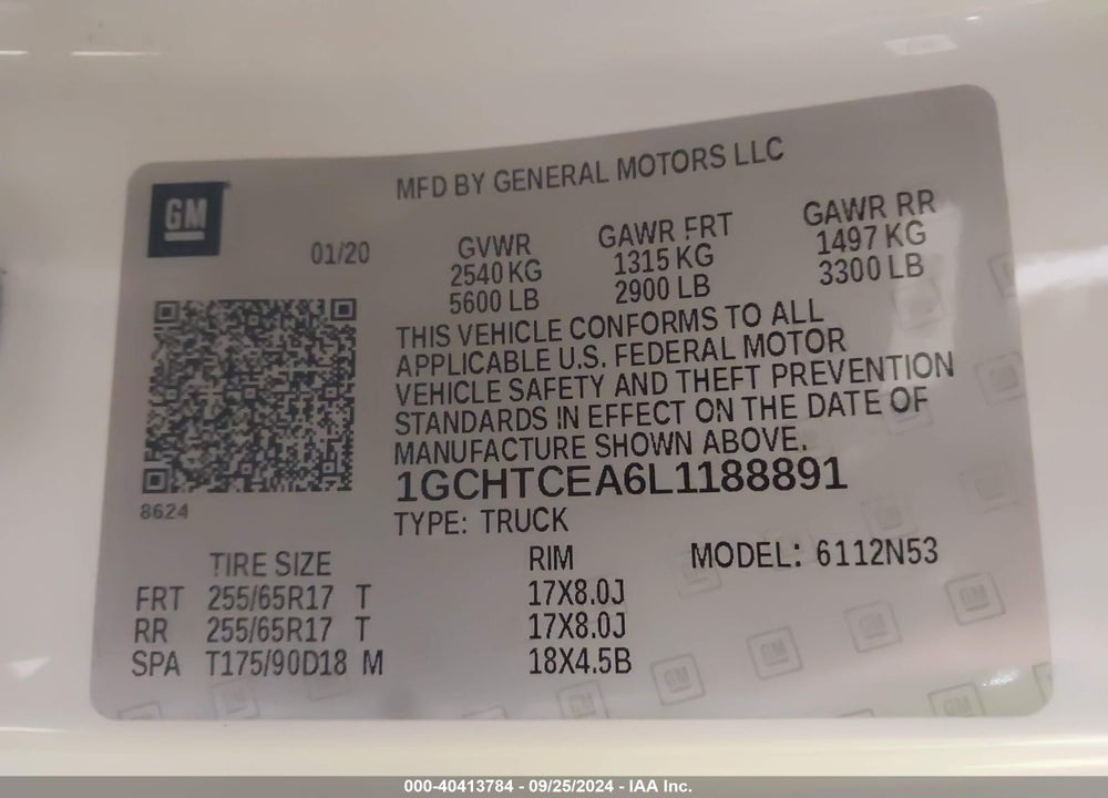2020 CHEVROLET COLORADO 4WD LONG BOX LT VIN: 1GCHTCEA6L1188891