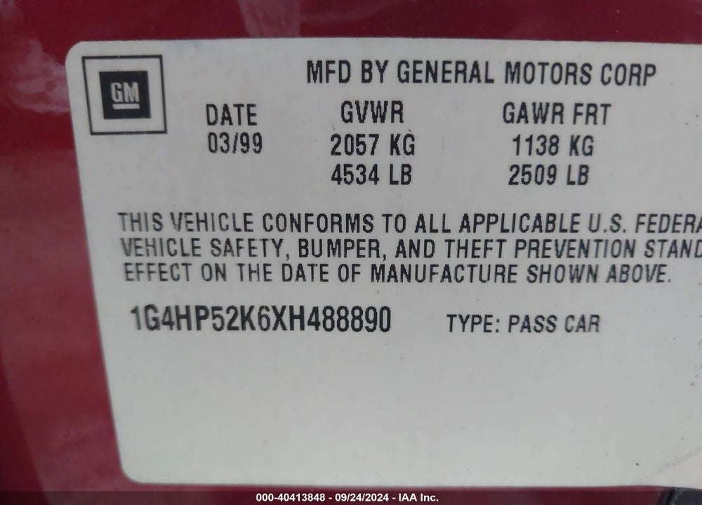 1999 BUICK LESABRE CUSTOM VIN: 1G4HP52K6XH488890