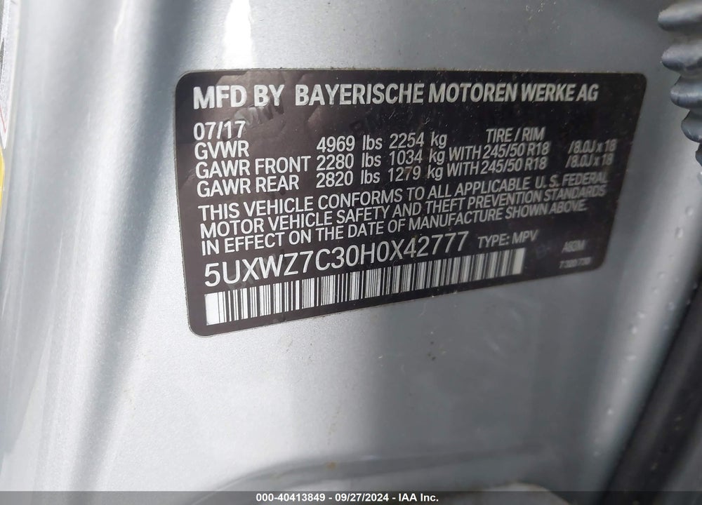 2017 BMW X3 SDRIVE28I VIN: 5UXWZ7C30H0X42777