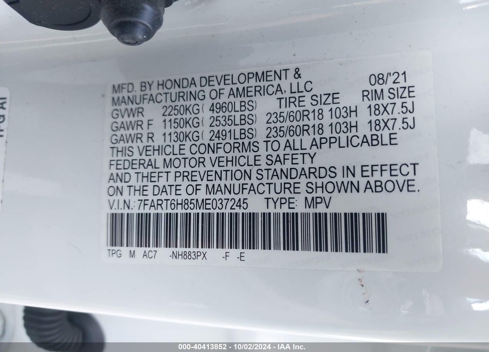 2021 HONDA CR-V HYBRID EX-L VIN: 7FART6H85ME037245