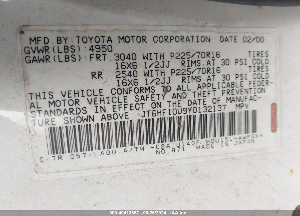 2000 LEXUS RX 300 VIN: JT6HF10U9Y0132137
