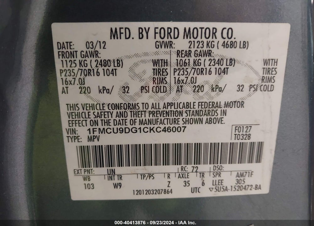 2012 FORD ESCAPE XLT VIN: 1FMCU9DG1CKC46007