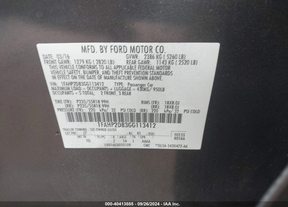2016 FORD TAURUS SE VIN: 1FAHP2D83GG113412