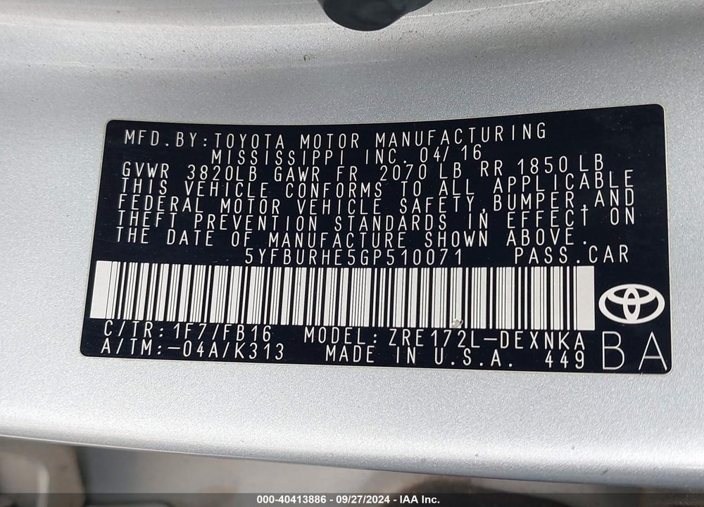 2016 TOYOTA COROLLA LE PLUS VIN: 5YFBURHE5GP510071