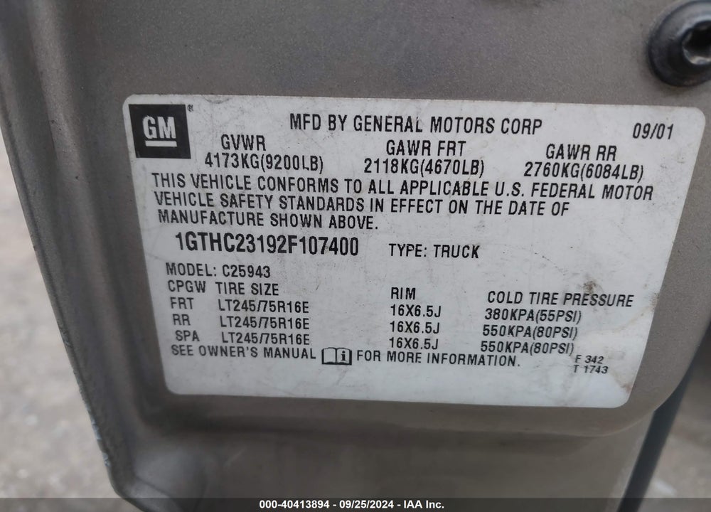 2002 GMC SIERRA 2500HD SLE VIN: 1GTHC23192F107400