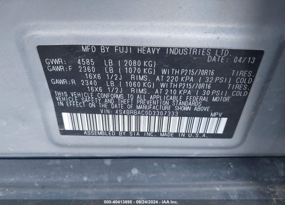 2013 SUBARU OUTBACK VIN: 4S4BRBAC0D3307333