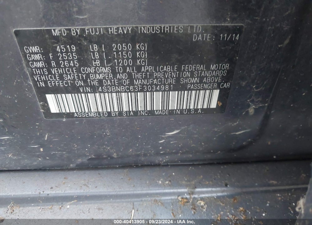 2015 SUBARU LEGACY 2.5I PREMIUM VIN: 4S3BNBC63F3034981