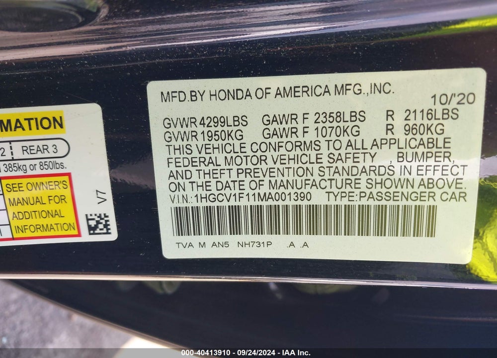 2021 HONDA ACCORD LX VIN: 1HGCV1F11MA001390