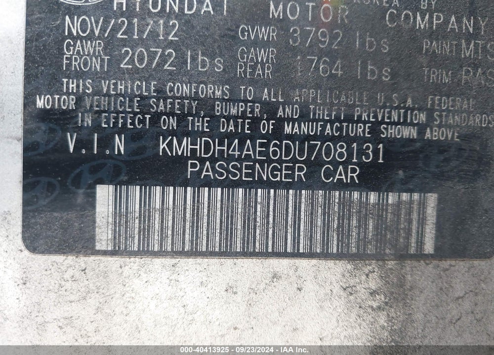 2013 HYUNDAI ELANTRA GLS VIN: KMHDH4AE6DU708131