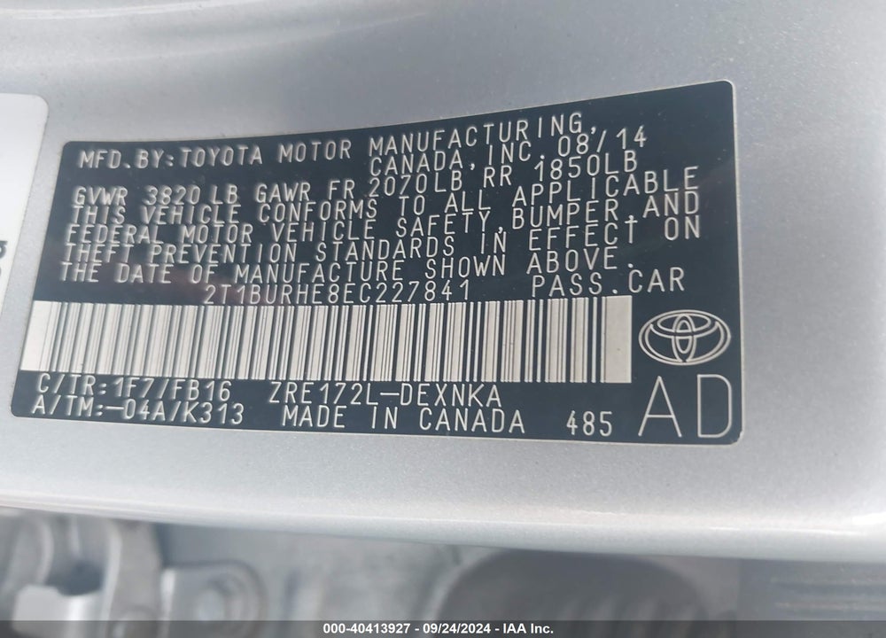2014 TOYOTA COROLLA LE VIN: 2T1BURHE8EC227841