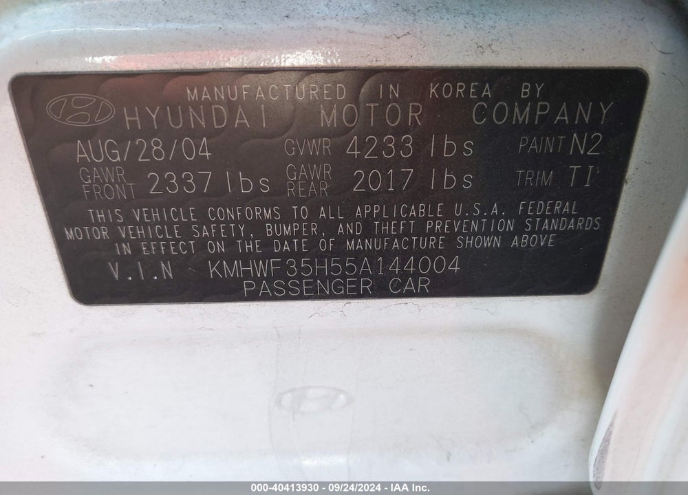 2005 HYUNDAI SONATA GLS/LX VIN: KMHWF35H55A144004