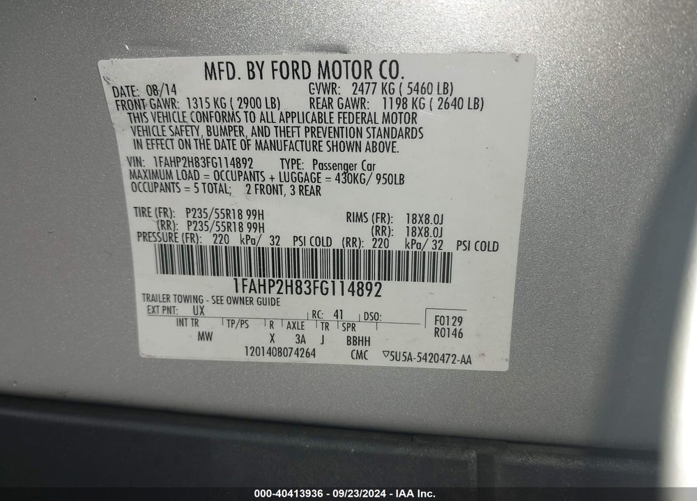 2015 FORD TAURUS SEL VIN: 1FAHP2H83FG114892