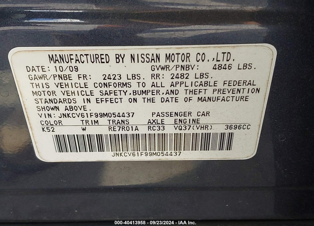 2009 INFINITI G37X VIN: JNKCV61F99M054437