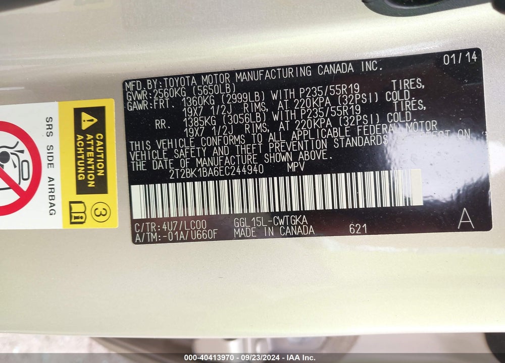 2014 LEXUS RX 350 VIN: 2T2BK1BA6EC244940