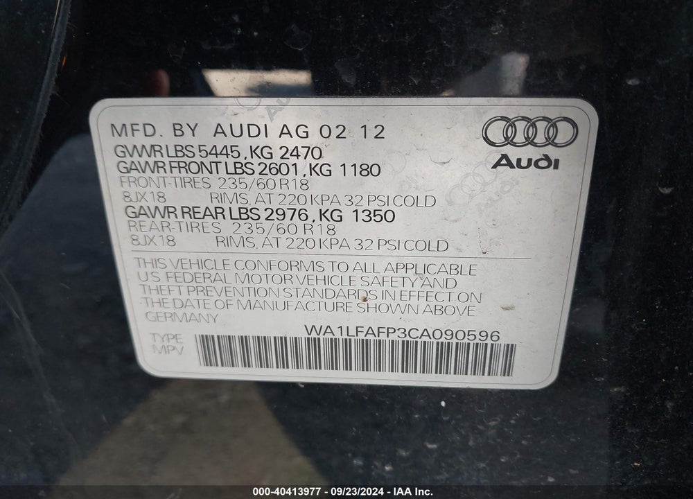 2012 AUDI Q5 2.0T PREMIUM VIN: WA1LFAFP3CA090596