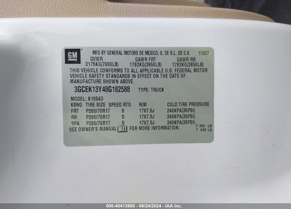 2008 CHEVROLET SILVERADO 1500 LT1 VIN: 3GCEK13Y48G182588