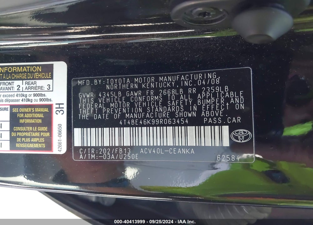 2009 TOYOTA CAMRY LE VIN: 4T4BE46K99R063454